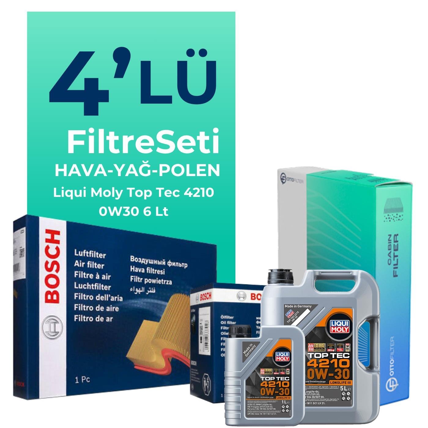bosch-audi-a6-40-tdi-filtre-bakim-seti-liqui-moly-motor-yagli-2019-2024-4-lu-121856 BOSCH Audi A6 40 TDi Filtre Bakım Seti Liqui Moly Motor Yağlı (2019-2024) 4 Lü - Görsel 1