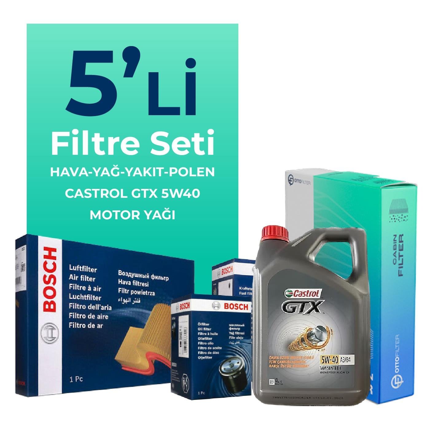 bosch-fiat-idea-1-3-dizel-filtre-bakim-seti-castrol-motor-yagli-2004-2010-5-li-58448 BOSCH Fiat Idea 1.3 Dizel Filtre Bakım Seti Castrol Motor Yağlı (2004-2010) 5 Li - Görsel 1