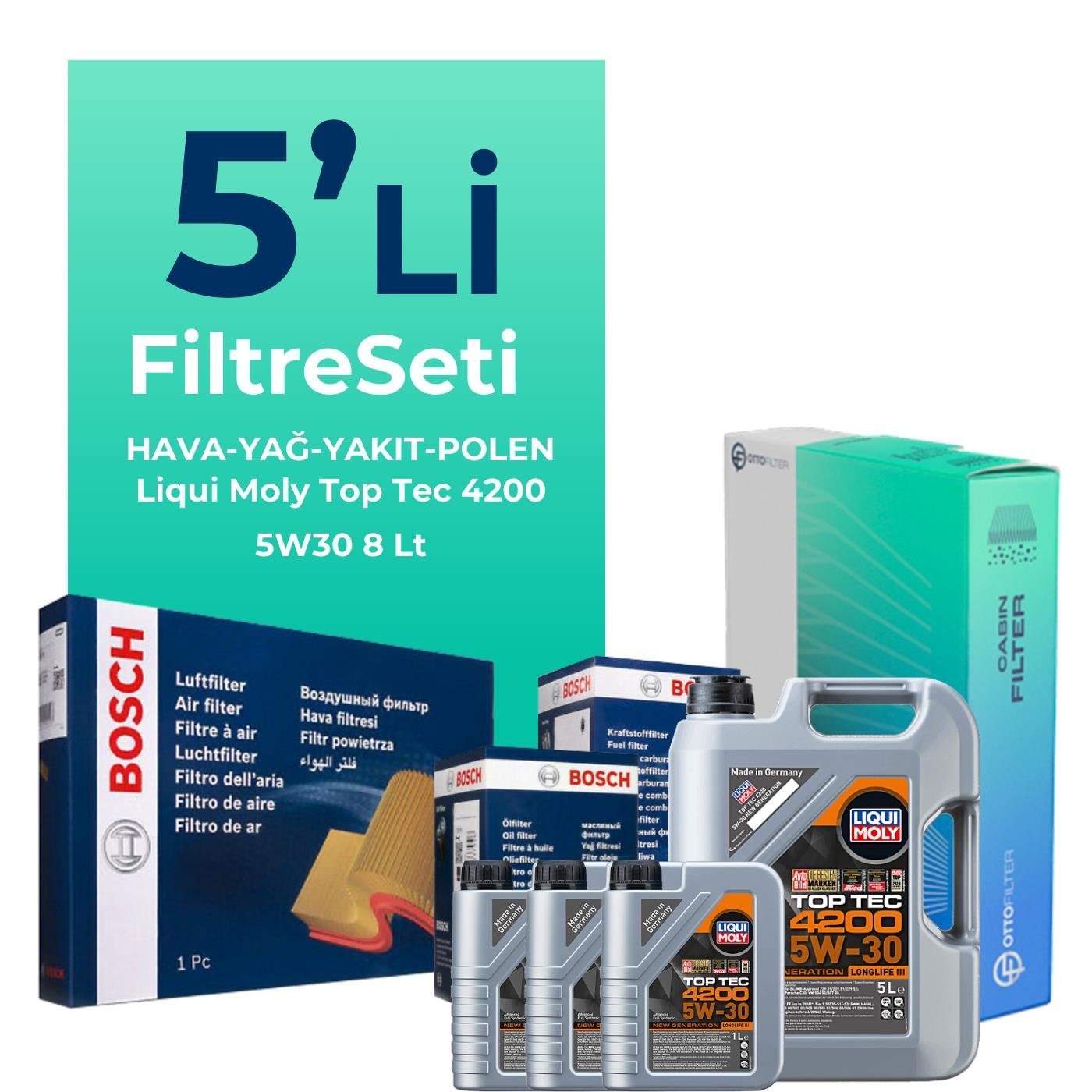 bosch-volkswagen-touareg-3-0-dizel-filtre-bakim-seti-liqui-moly-motor-yagli-2012-2018-5-li-126410 BOSCH Volkswagen Touareg 3.0 Dizel Filtre Bakım Seti Liqui Moly Motor Yağlı (2012-2018) 5 Li - Görsel 1