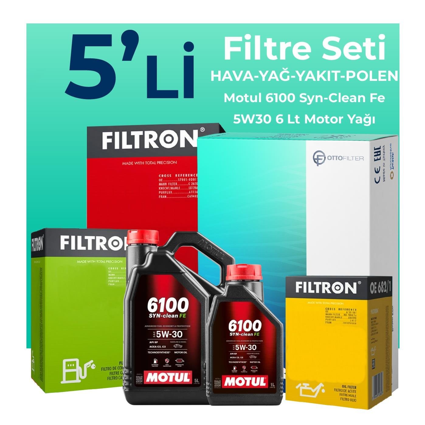 filtron-hyundai-santa-fe-2-2-dizel-filtre-bakim-seti-motul-motor-yagli-2006-2009-5-li-108793 Filtron Hyundai Santa FE 2.2 Dizel Filtre Bakım Seti Motul Motor Yağlı (2006-2009) 5 Li - Görsel 1