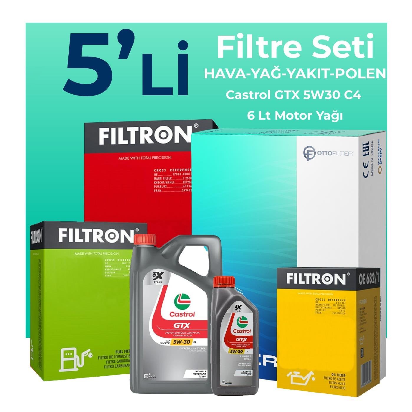 filtron-jaguar-xf-2-2-dizel-filtre-bakim-seti-castrol-motor-yagli-2010-2015-5-li-108999 Filtron Jaguar XF 2.2 Dizel Filtre Bakım Seti Castrol Motor Yağlı (2010-2015) 5 Li - Görsel 1
