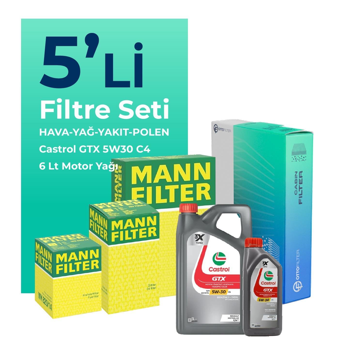 mann-jaguar-xf-2-2-dizel-filtre-bakim-seti-castrol-motor-yagli-2010-2015-5-li-108945 MANN Jaguar XF 2.2 Dizel Filtre Bakım Seti Castrol Motor Yağlı (2010-2015) 5 Li - Görsel 1