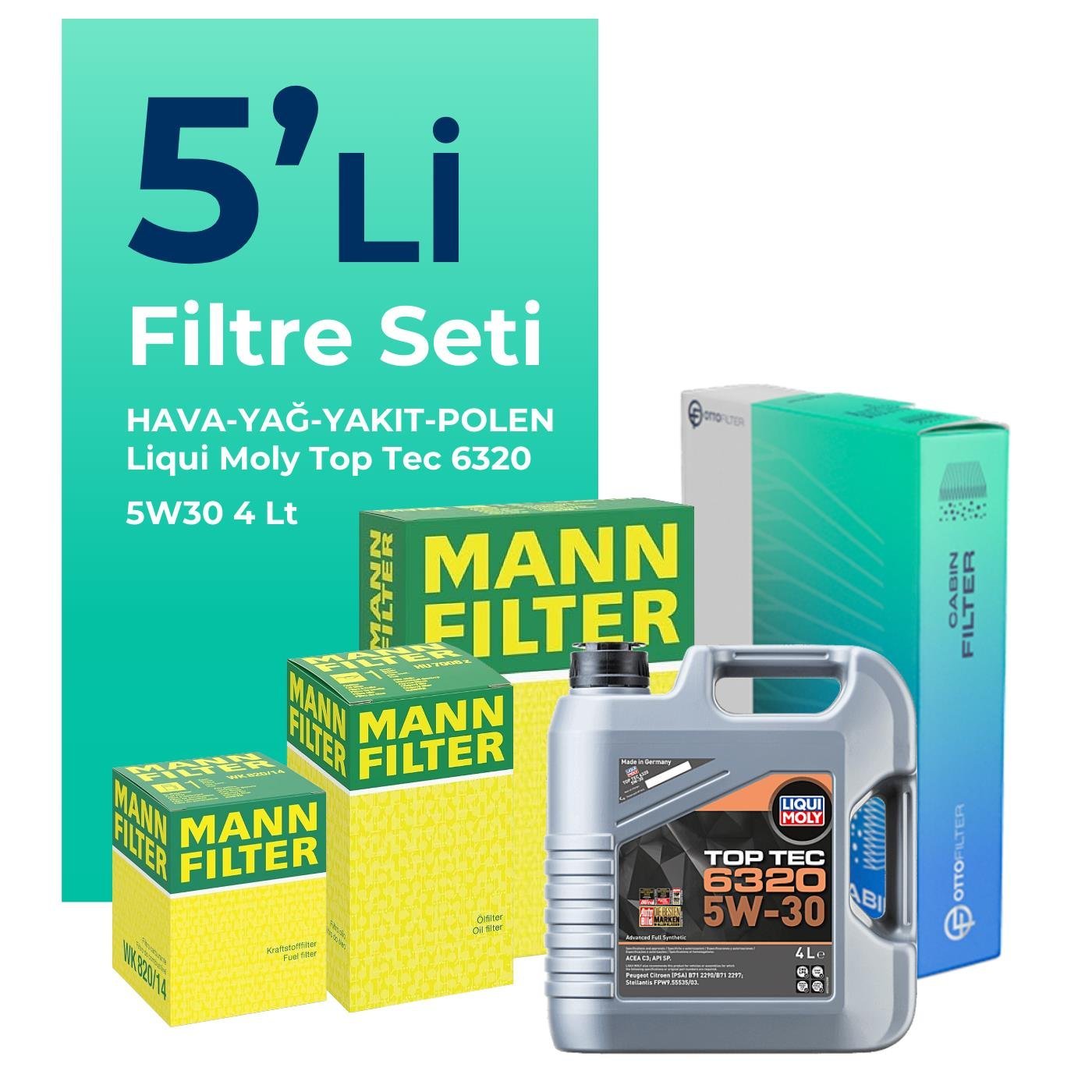 mann-peugeot-308-1-5-dizel-filtre-bakim-seti-liqui-moly-motor-yagli-2019-2024-5-li-122704 MANN Peugeot 308 1.5 Dizel Filtre Bakım Seti Liqui Moly Motor Yağlı (2019-2024) 5 Li - Görsel 1