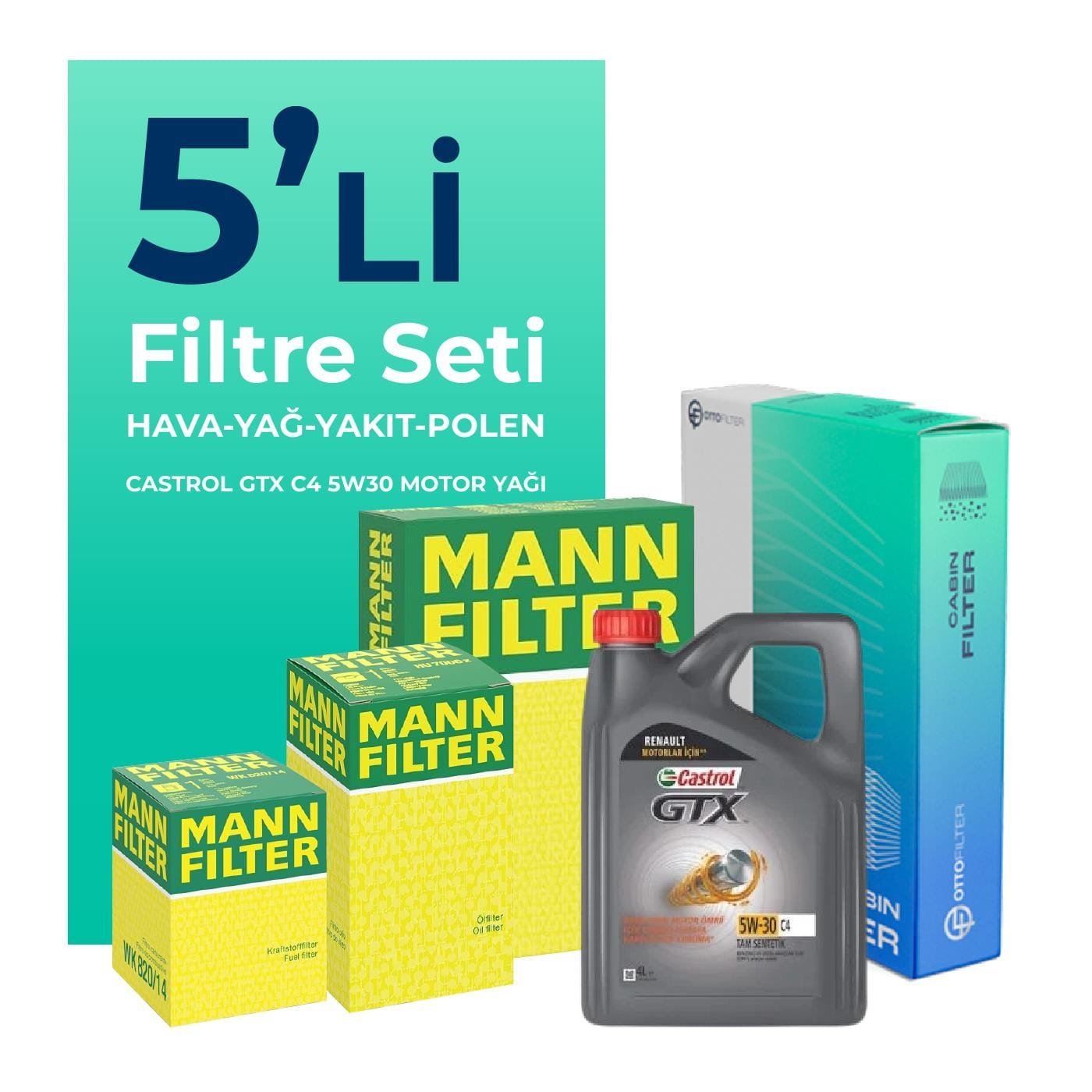 mann-renault-kadjar-1-5-dizel-filtre-bakim-seti-castrol-motor-yagli-2015-2018-5-li-58953 MANN Renault Kadjar 1.5 Dizel Filtre Bakım Seti Castrol Motor Yağlı (2015-2018) 5 Li - Görsel 1
